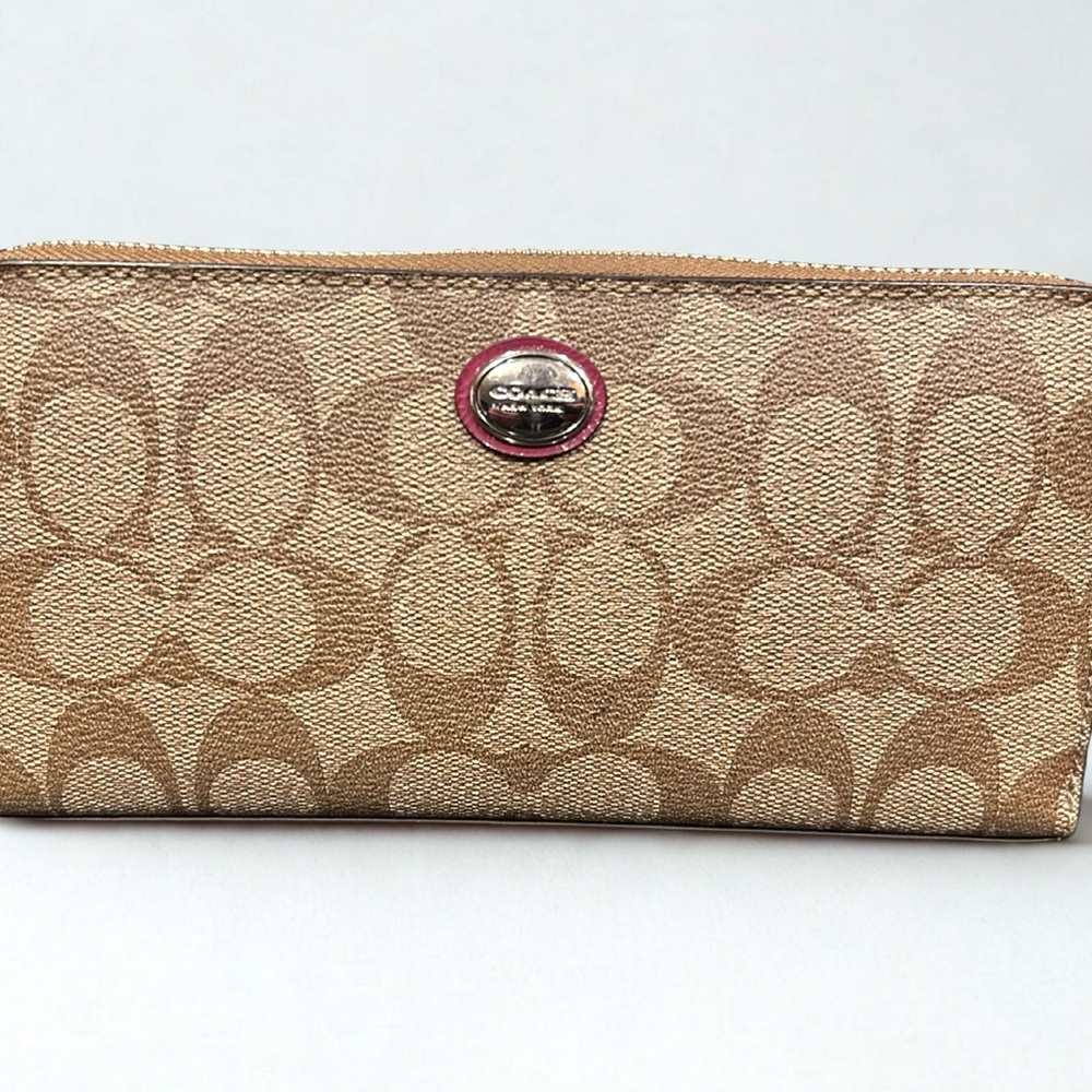 Coach Peyton Beige Canvas Large Wallet, pink accents